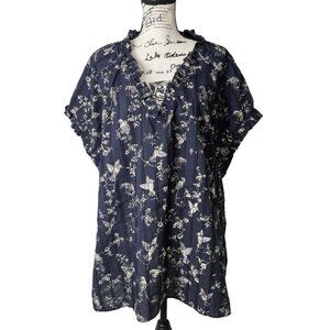 J. Jill Top Floral Bird Short Sleeve Blouse Ruffle Navy Blue Womens Size 4X